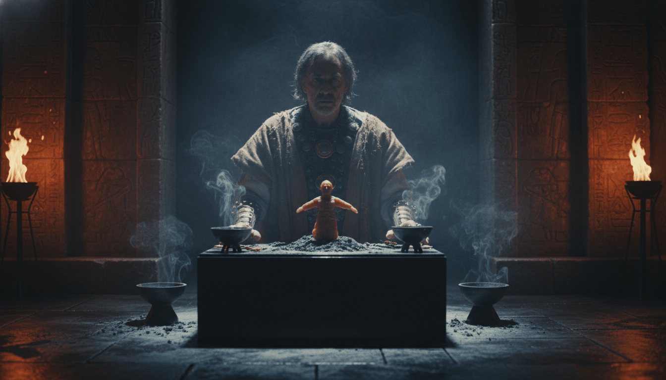 Hechicero antiguo realizando un ritual de magia negra con una figura de cera en un templo de piedra oscuro, concepto de esoterismo y poder oculto.