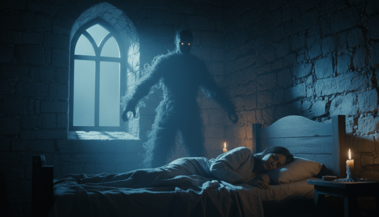 Ilustración cinematográfica de un íncubo o súcubo manifestándose como una sombra oscura sobre una persona durmiendo en una habitación antigua, representando los mitos de la parálisis del sueño y la demonología medieval.