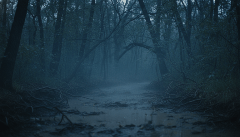 Bosque sombrío de Robin Hood Hills en West Memphis con arroyo fangoso y niebla, escena de misterio en Arkansas