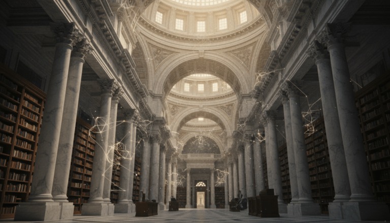 Ilustración conceptual de un palacio de la memoria con arquitectura clásica y redes neuronales para el método de loci