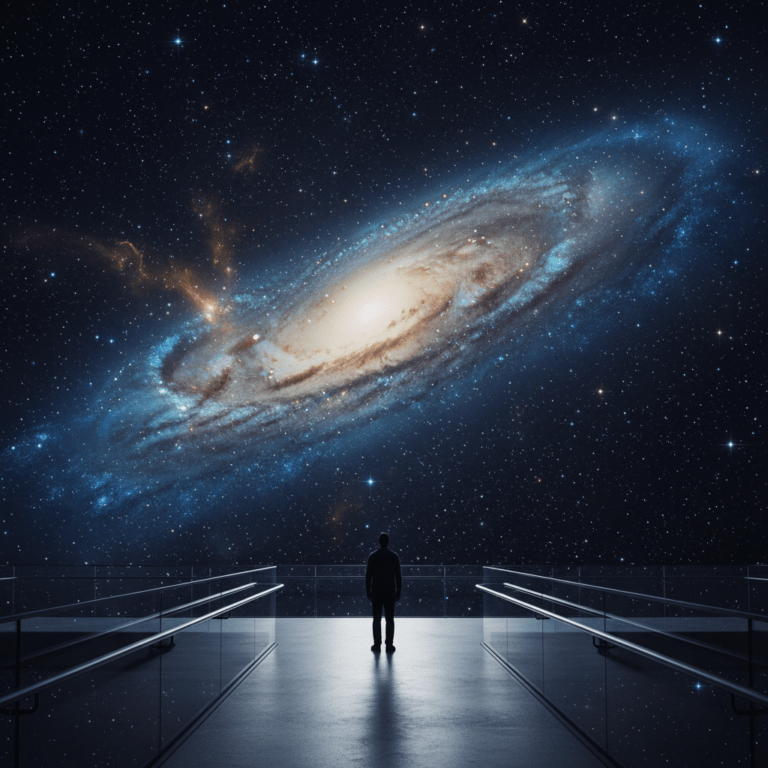 Representación visual de la Paradoja de Fermi con un observador frente a la inmensidad de la Vía Láctea y el vacío del cosmos.