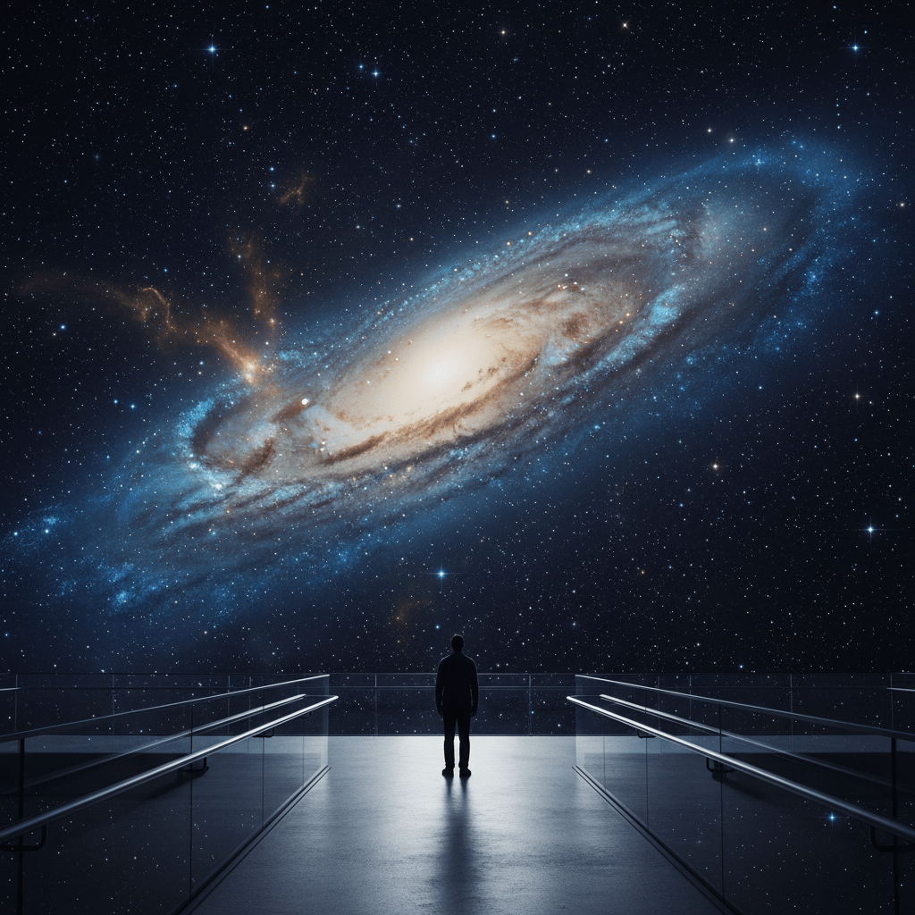 Representación visual de la Paradoja de Fermi con un observador frente a la inmensidad de la Vía Láctea y el vacío del cosmos.