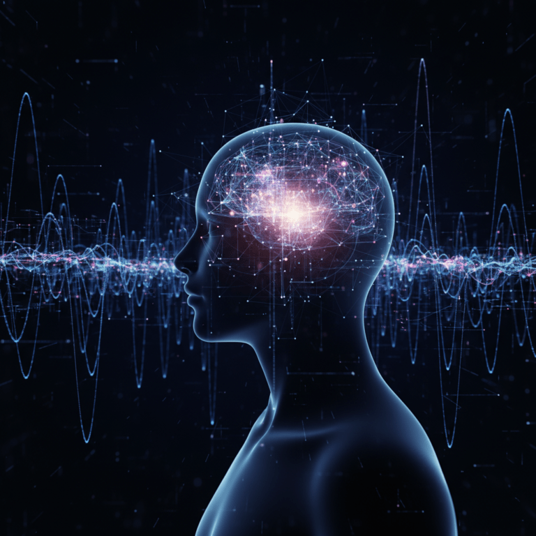 Representación conceptual de la conciencia humana decodificando frecuencias de una simulación de realidad holográfica.