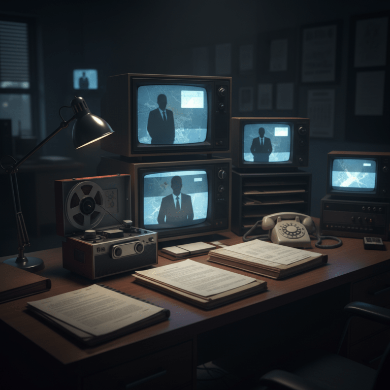 Escena cinematográfica de una oficina oscura con monitores analógicos y expedientes, representando el poder paralelo y el gobierno secreto.