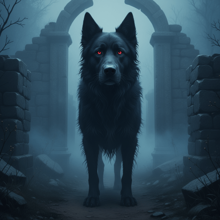 Representación artística del perro negro mítico con ojos brillantes rojos como guardián del umbral en un paisaje con niebla
