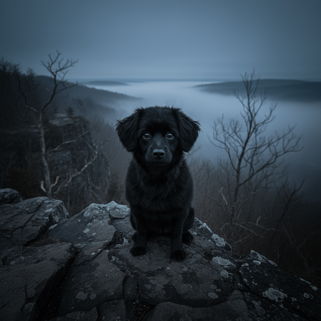 Representación artística del espectral Perro Negro de Meriden en los picos de basalto de Hanging Hills, Connecticut.