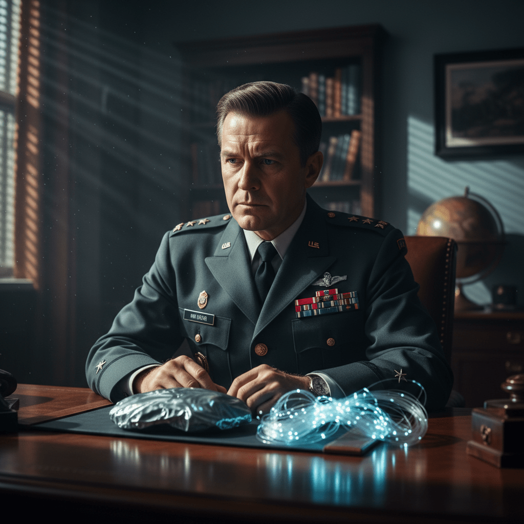 Coronel Philip J. Corso analizando restos tecnológicos del incidente de Roswell en una oficina militar secreta.