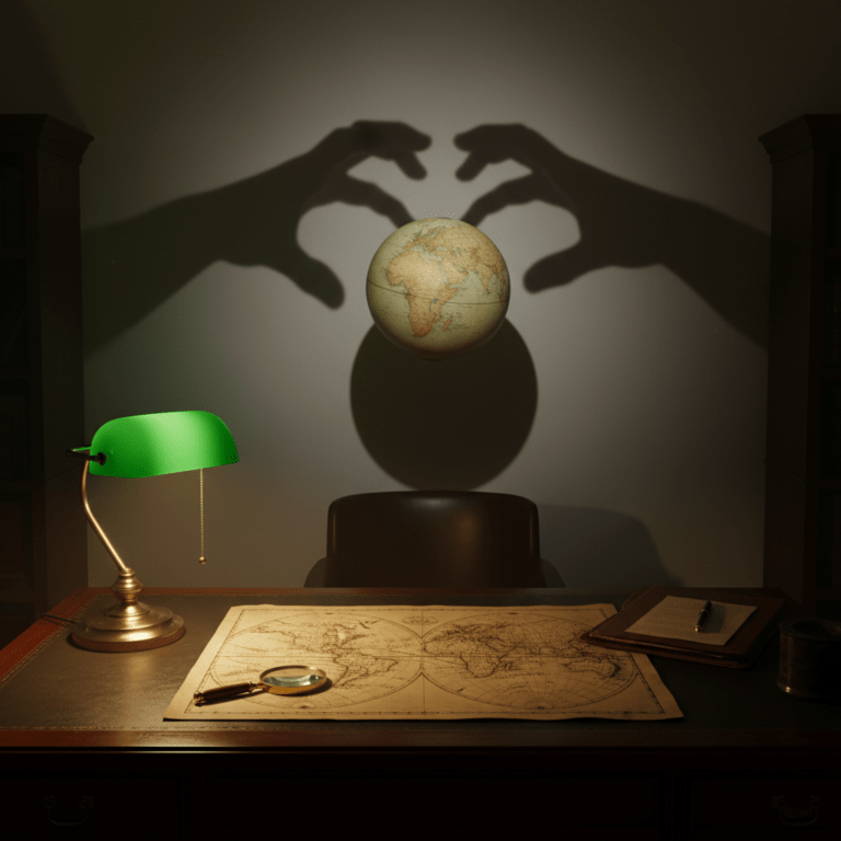 Representación conceptual del control político y financiero global basado en el libro de Gary Allen, estilo años setenta.