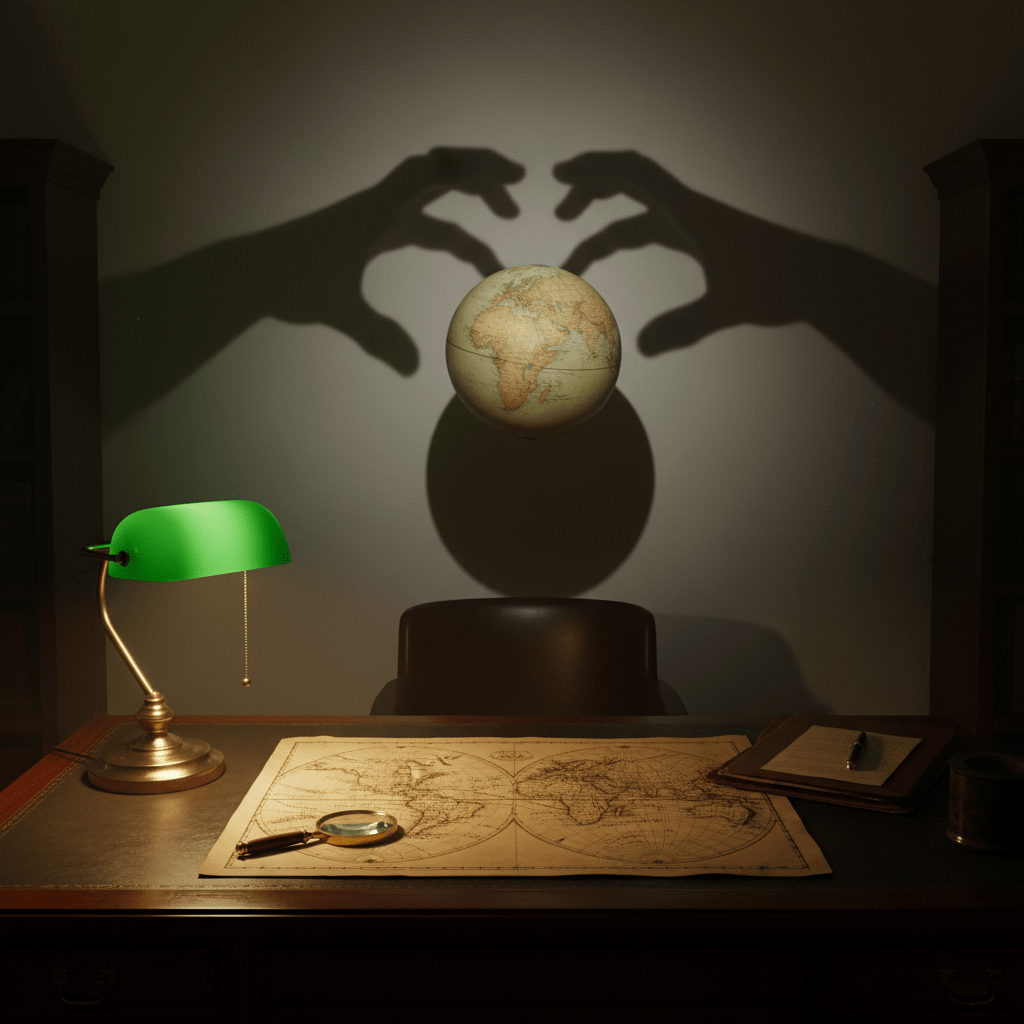 Representación conceptual del control político y financiero global basado en el libro de Gary Allen, estilo años setenta.