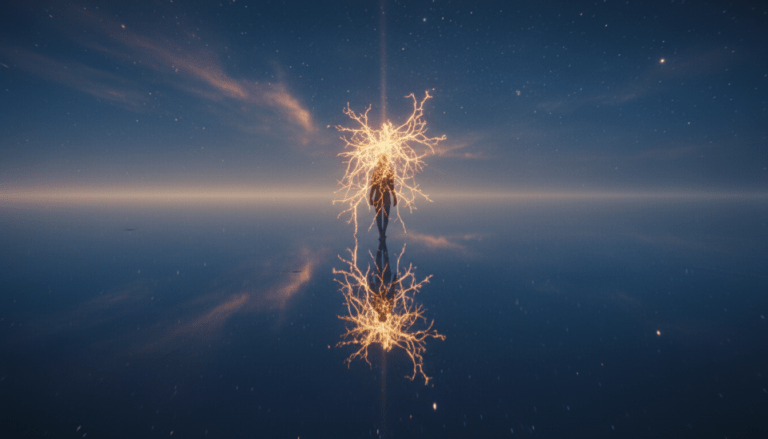 Ilustración conceptual del principio del espejo en psicología mostrando el reflejo de la sombra y la proyección de la psique interna sobre la realidad externa.