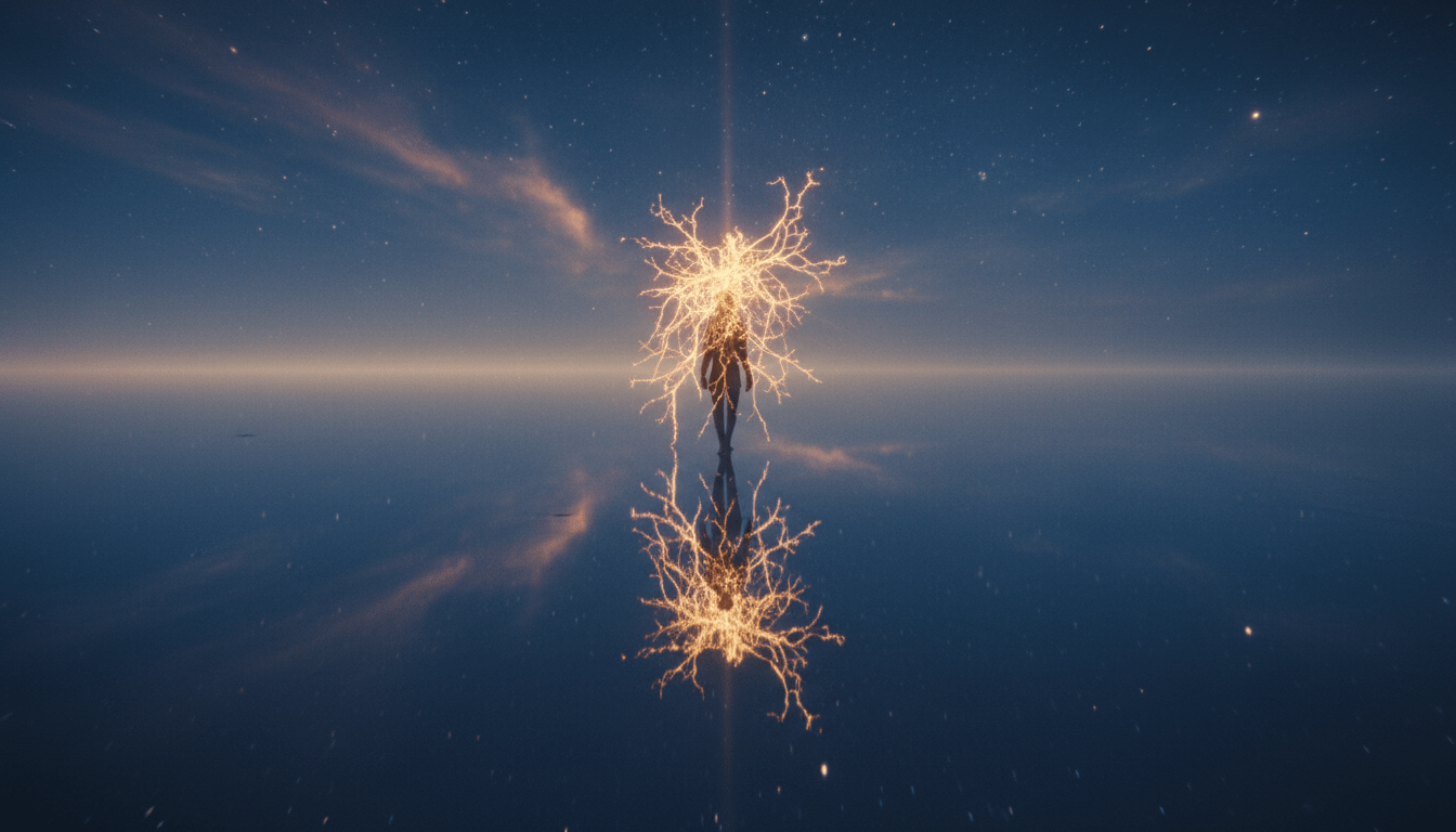 Ilustración conceptual del principio del espejo en psicología mostrando el reflejo de la sombra y la proyección de la psique interna sobre la realidad externa.