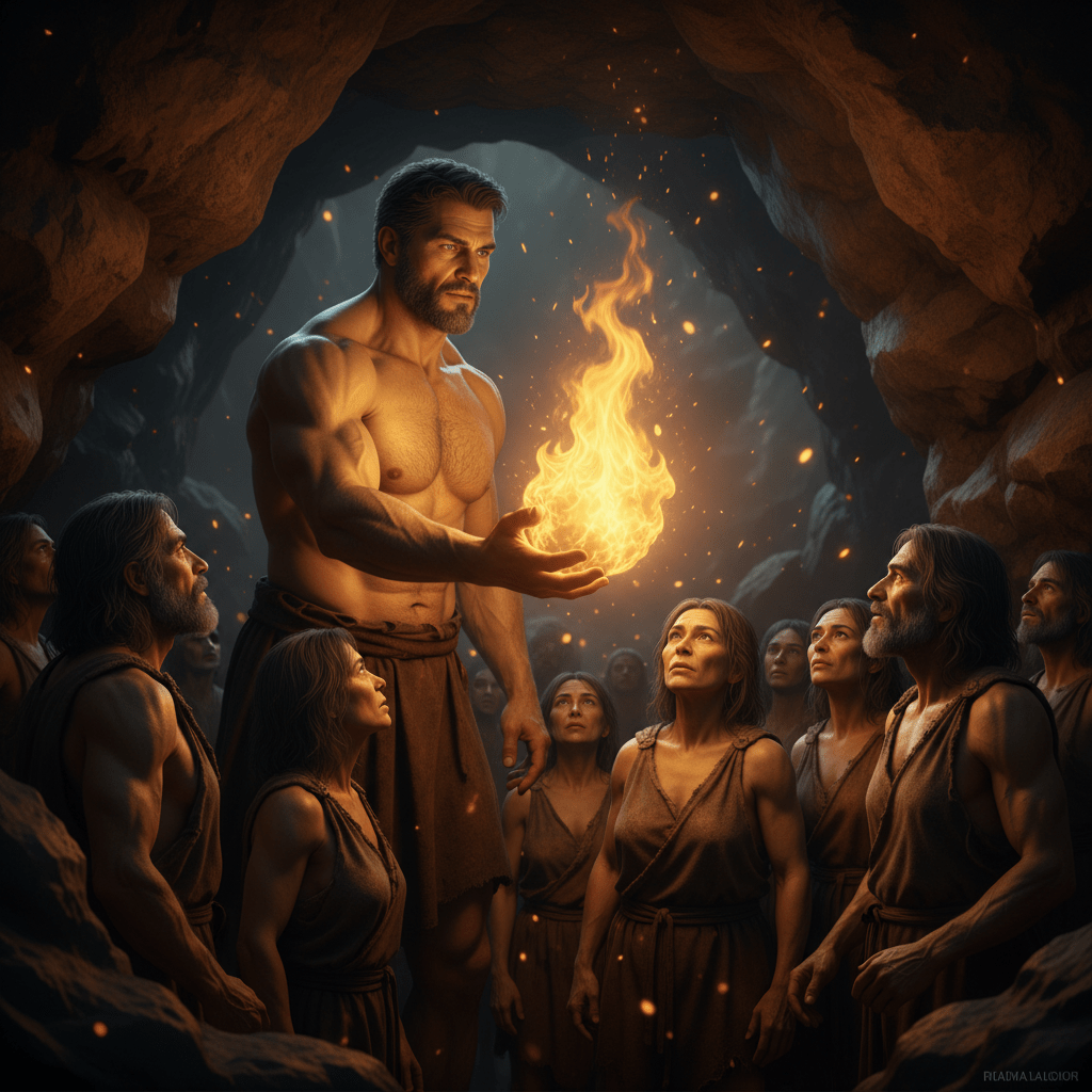 Ilustración cinematográfica de Prometeo entregando el fuego sagrado a la humanidad, representando el origen del conocimiento y la tecnología.