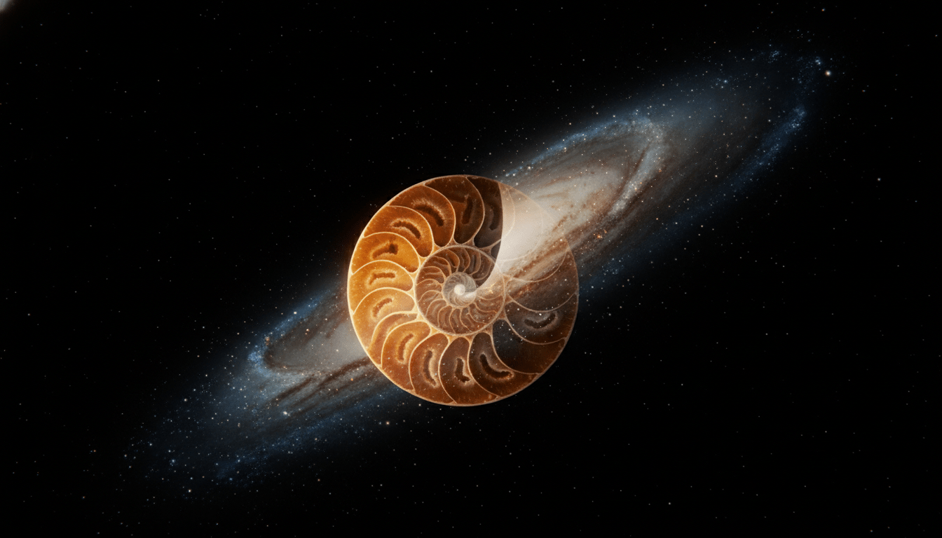 Primer plano de una concha de nautilus siguiendo la espiral de la proporción áurea integrada con una galaxia espiral en el espacio.