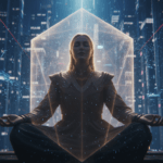 Persona con un escudo de energía protectora en medio de una ciudad moderna caótica, simbolizando la protección psíquica e higiene mental.