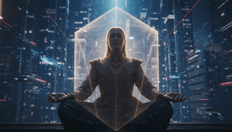 Persona con un escudo de energía protectora en medio de una ciudad moderna caótica, simbolizando la protección psíquica e higiene mental.