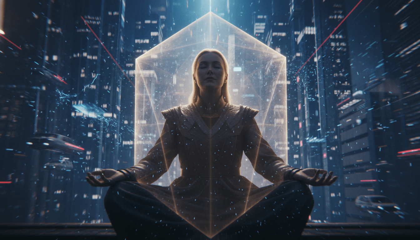 Persona con un escudo de energía protectora en medio de una ciudad moderna caótica, simbolizando la protección psíquica e higiene mental.