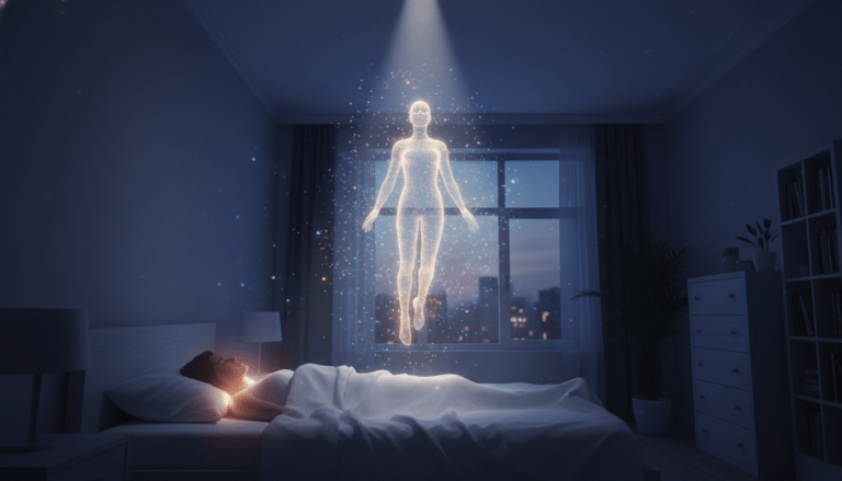 Representación visual de una proyección astral o desdoblamiento espiritual mostrando el cuerpo astral emergiendo del cuerpo físico en un entorno místico.