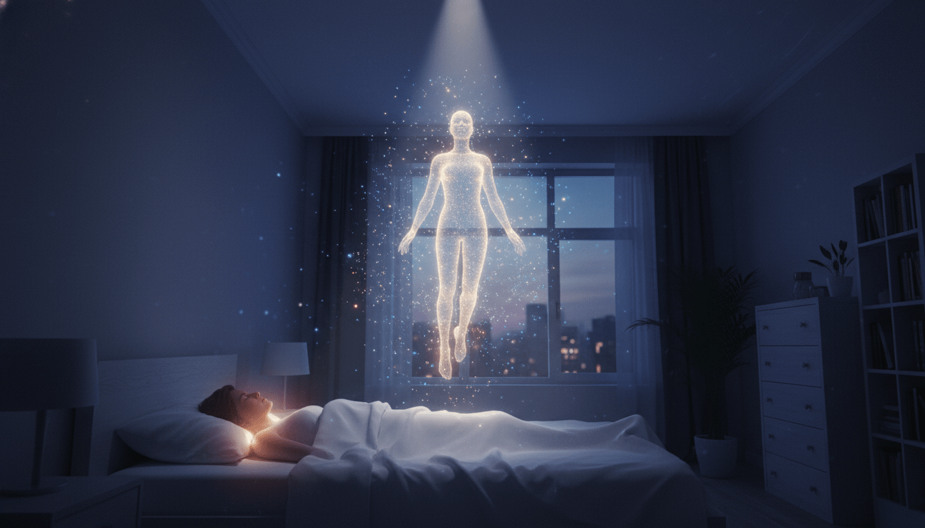 Representación visual de una proyección astral o desdoblamiento espiritual mostrando el cuerpo astral emergiendo del cuerpo físico en un entorno místico.