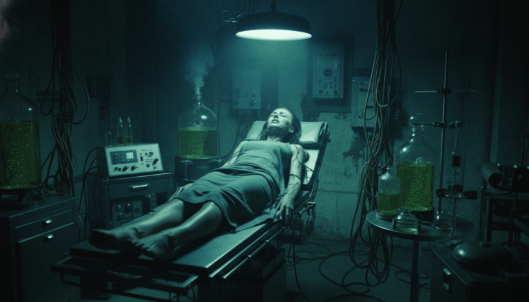 Recreación artística del Proyecto Abigail en el Área 51 mostrando un experimento de transformación biológica en un laboratorio militar secreto.