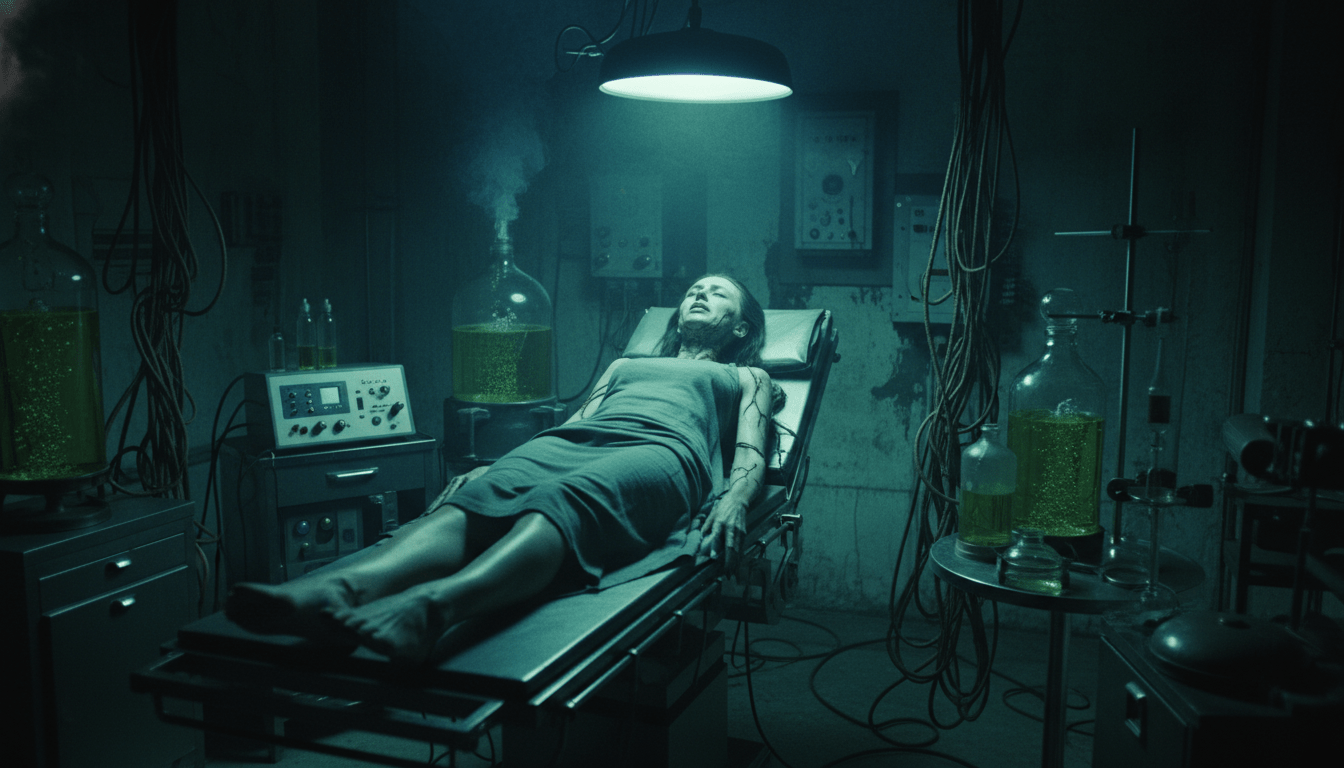 Recreación artística del Proyecto Abigail en el Área 51 mostrando un experimento de transformación biológica en un laboratorio militar secreto.