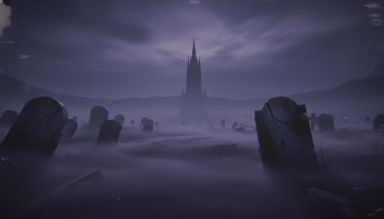 Representación artística y realista de Pueblo Lavanda envuelto en niebla púrpura, ilustrando la leyenda urbana del Síndrome de Lavender Town.