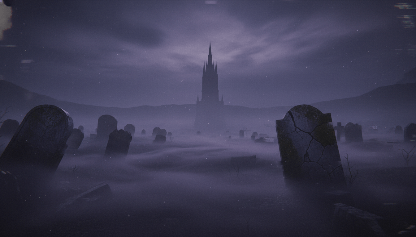 Representación artística y realista de Pueblo Lavanda envuelto en niebla púrpura, ilustrando la leyenda urbana del Síndrome de Lavender Town.