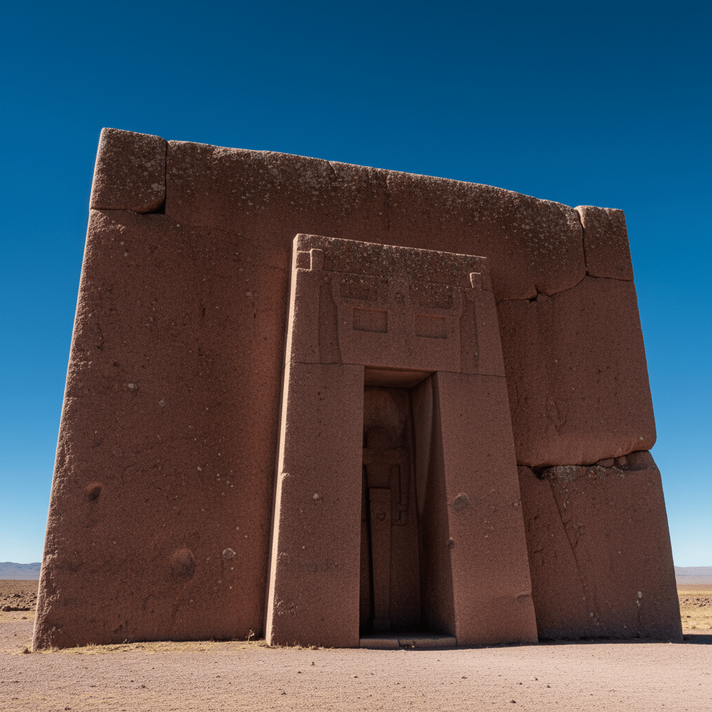 Puerta de los Dioses Aramu Muru en Hayu Marca, estructura de granito rojo tallada en la roca cerca del Lago Titicaca.