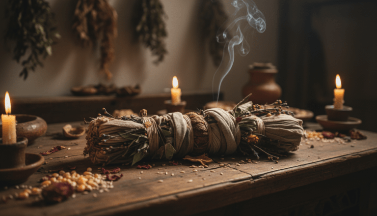 Representación auténtica de un pwen vudú haitiano sobre un altar sagrado iluminado por velas, simbolizando sanación y conexión espiritual.