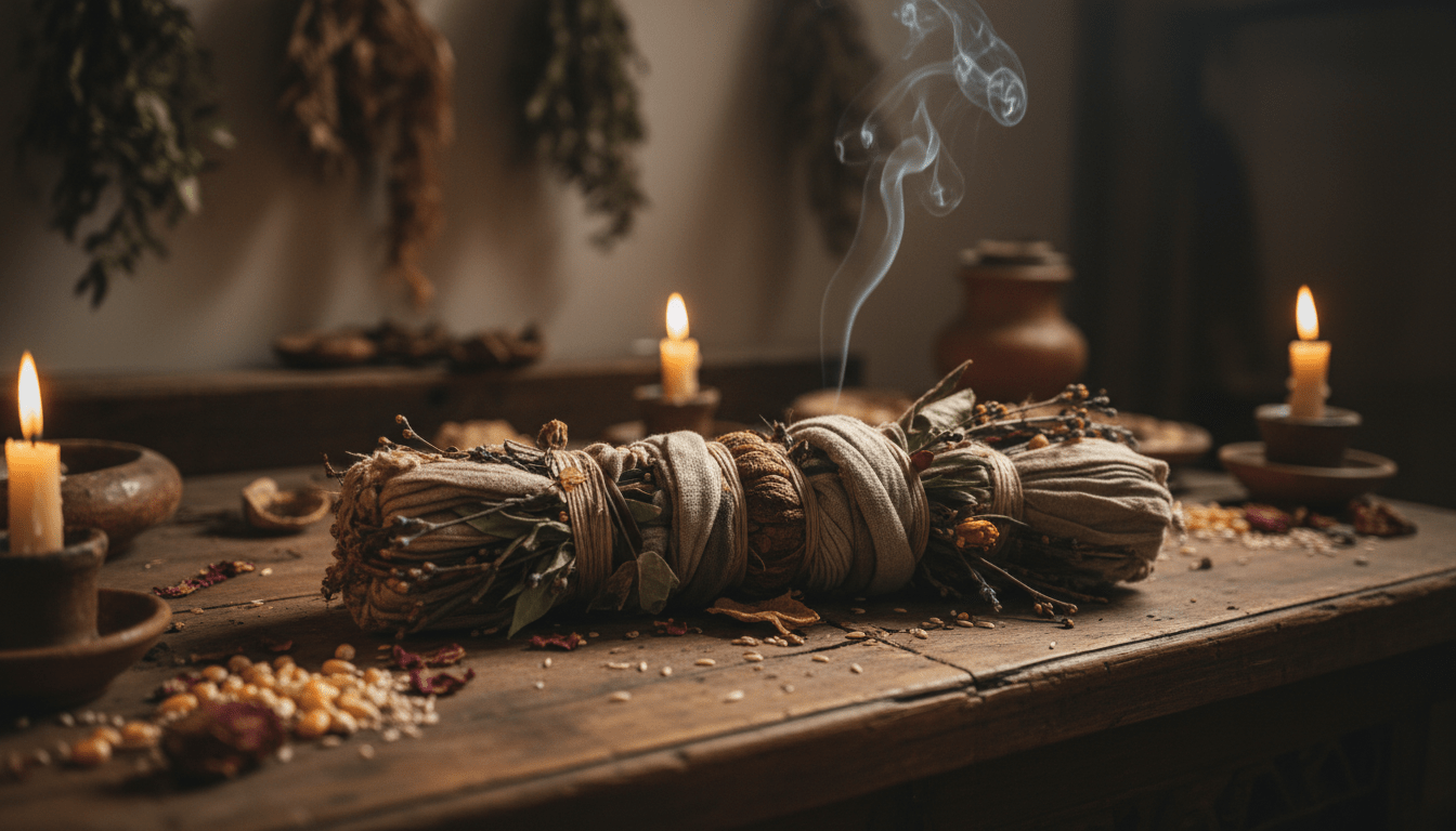 Representación auténtica de un pwen vudú haitiano sobre un altar sagrado iluminado por velas, simbolizando sanación y conexión espiritual.