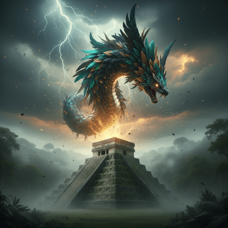 Representación artística de la serpiente emplumada Quetzalcóatl descendiendo sobre una pirámide maya, simbolizando la conexión entre mitología antigua y tecnología celestial.