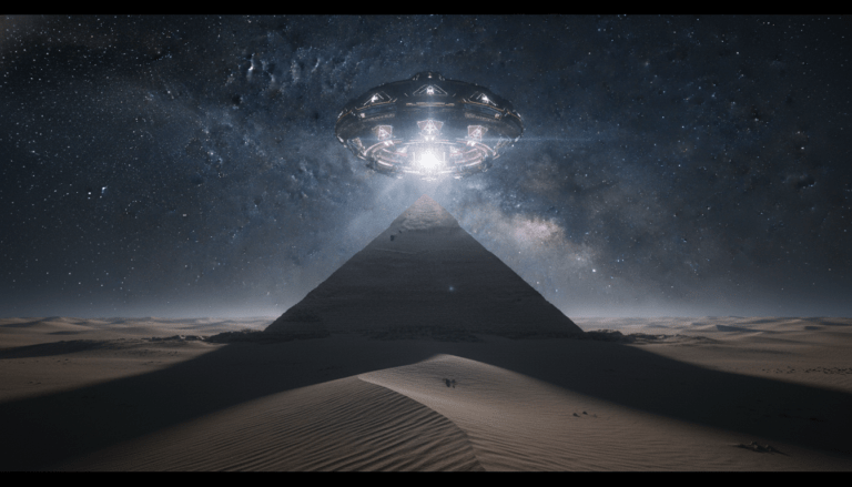 Ilustración artística de una pirámide antigua y tecnología extraterrestre inspirada en Recuerdos del Futuro de Erich von Däniken.