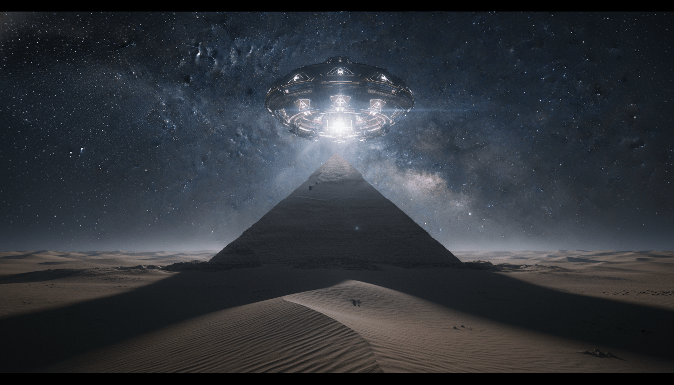 Ilustración artística de una pirámide antigua y tecnología extraterrestre inspirada en Recuerdos del Futuro de Erich von Däniken.
