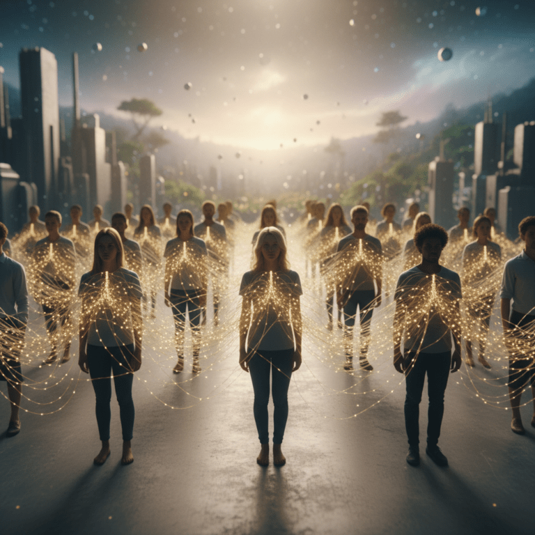 Ilustración conceptual de una red humana interconectada por hilos de luz simbolizando el cambio de paradigma de La conspiración de Acuario.