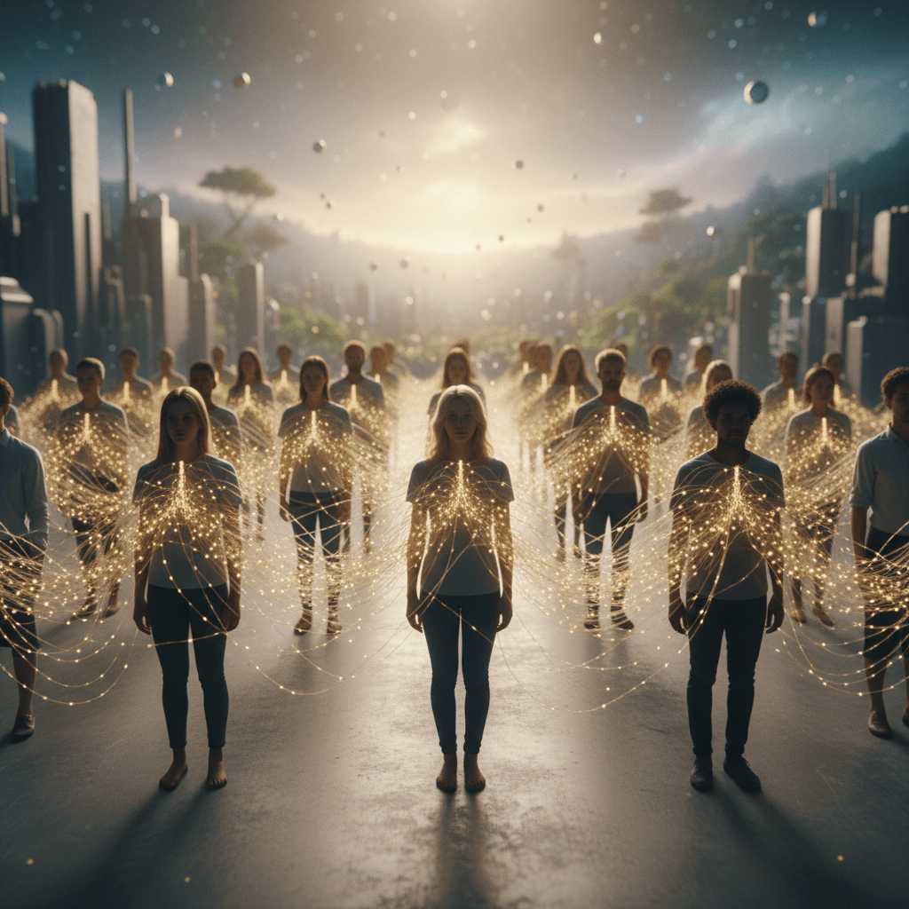 Ilustración conceptual de una red humana interconectada por hilos de luz simbolizando el cambio de paradigma de La conspiración de Acuario.