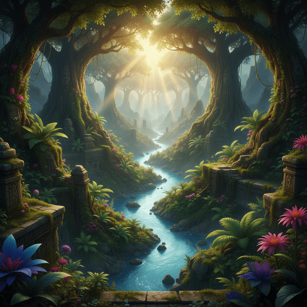 Paisaje místico del Jardín del Edén con cuatro ríos y ruinas antiguas entre vegetación exuberante.