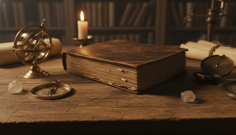 Libro antiguo sobre escritorio alquímico con astrolabio y velas representando las enseñanzas de El Kybalion