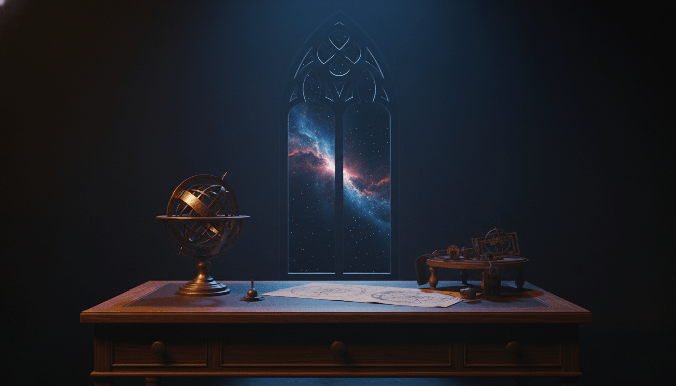 Representación visual del realismo fantástico con elementos de alquimia y astronomía para la reseña de El Retorno de los Brujos.