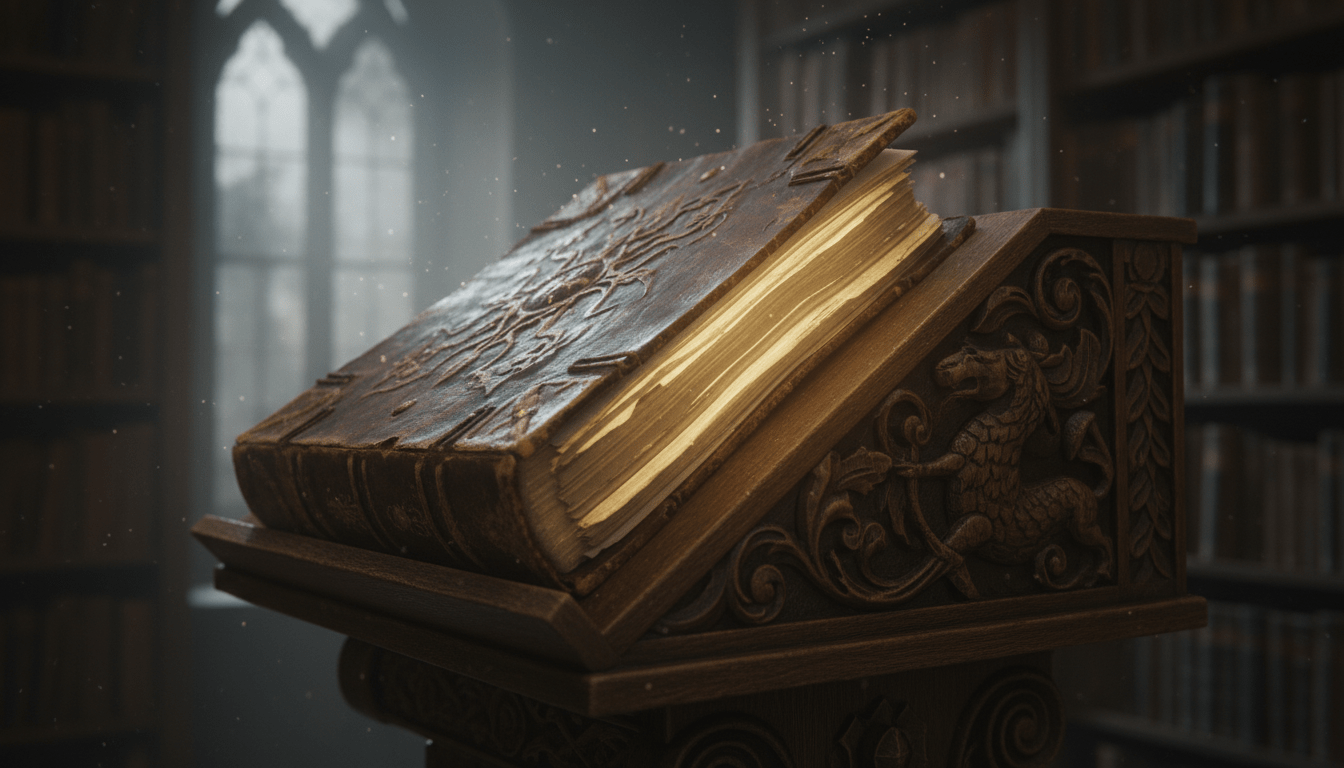 Libro antiguo de El Zohar iluminado con luz dorada mística en una biblioteca clásica