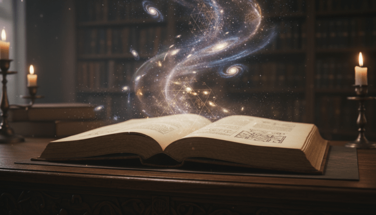 Representación artística y mística de la obra La Doctrina Secreta de H.P. Blavatsky con elementos cósmicos y esotéricos