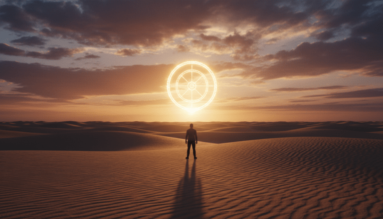 Representación artística y espiritual de La Rueda del Tiempo de Carlos Castaneda en un desierto místico