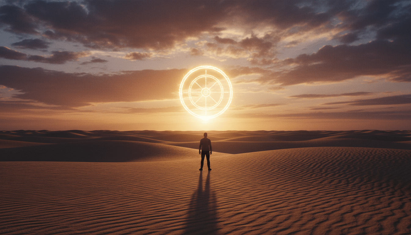 Representación artística y espiritual de La Rueda del Tiempo de Carlos Castaneda en un desierto místico
