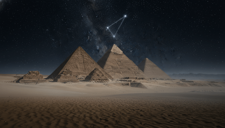 Ilustración artística de las pirámides de Giza alineadas con las estrellas, inspirada en Las Huellas de los Dioses de Graham Hancock.