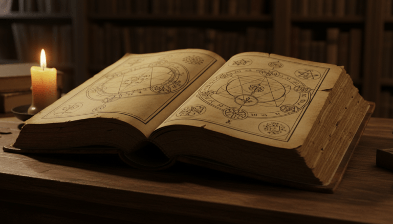 Antiguo grimorio de El Libro de Abramelin el Mago abierto sobre una mesa de madera iluminado por una vela en una biblioteca oscura.