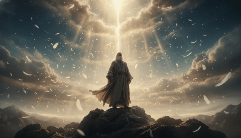 Ilustración cinematográfica de una visión mística y celestial del Libro de Enoc con luz divina.