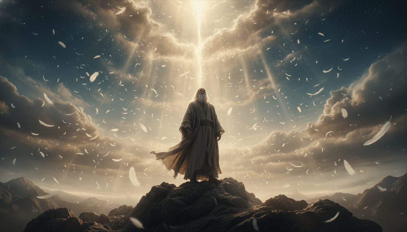 Ilustración cinematográfica de una visión mística y celestial del Libro de Enoc con luz divina.
