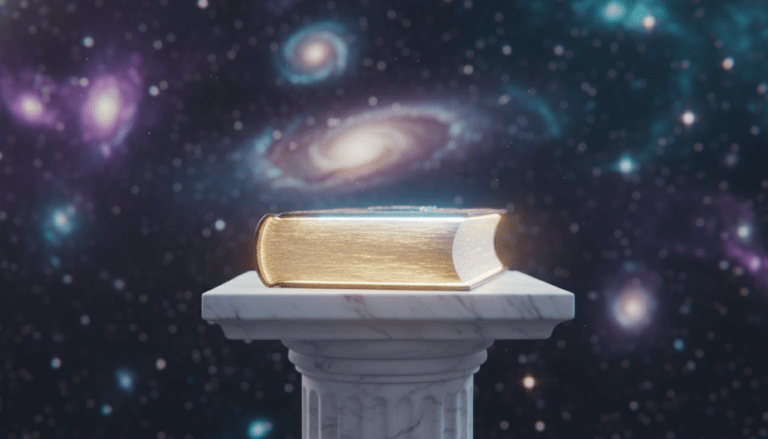 Representación artística y espiritual de la cosmología del Libro de Urantia con un libro brillante en medio de una galaxia.