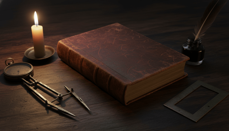 Edición antigua de cuero de Morals and Dogma por Albert Pike sobre un escritorio clásico con luz de vela y símbolos masónicos.