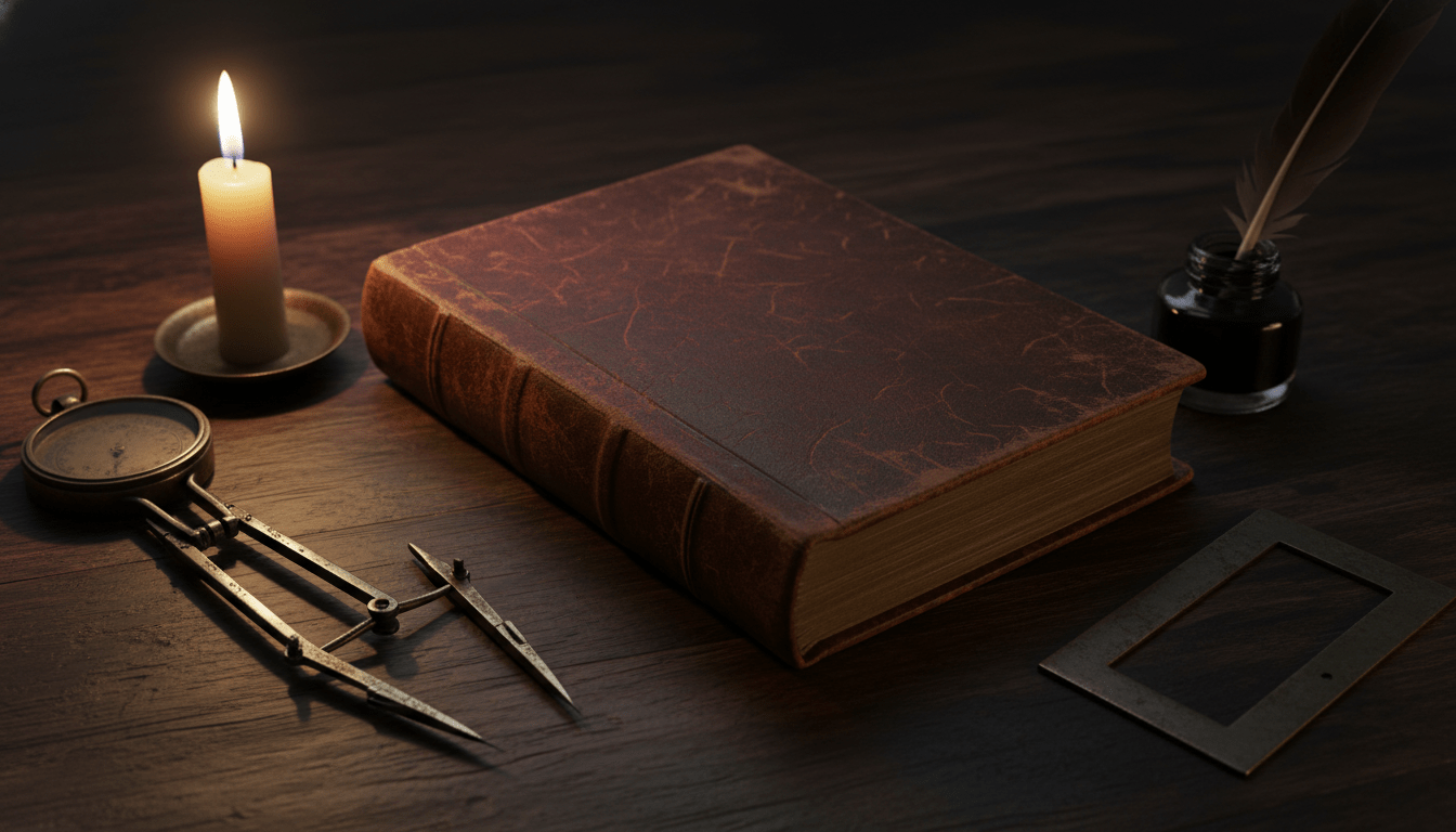 Edición antigua de cuero de Morals and Dogma por Albert Pike sobre un escritorio clásico con luz de vela y símbolos masónicos.