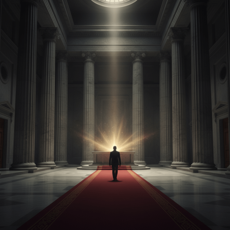 Ilustración conceptual de la Reserva Federal representada como un templo neoclásico monumental con juegos de luces y sombras.