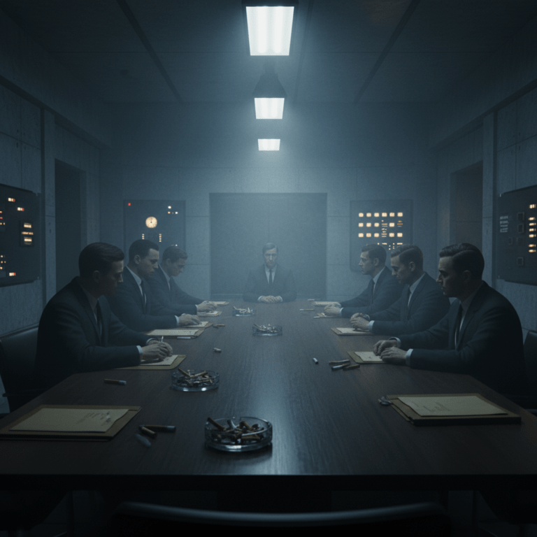 Reunión secreta de expertos en un búnker subterráneo analizando el Informe de Iron Mountain sobre la guerra y la paz.